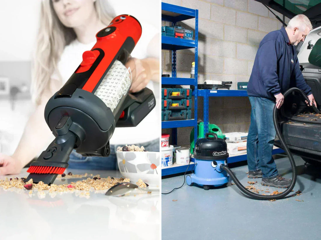 A woman cleaning a kitchen table with a Henry cordless vacuum. Right: A man cleaning a car trunk using a Charles corded vacuum.