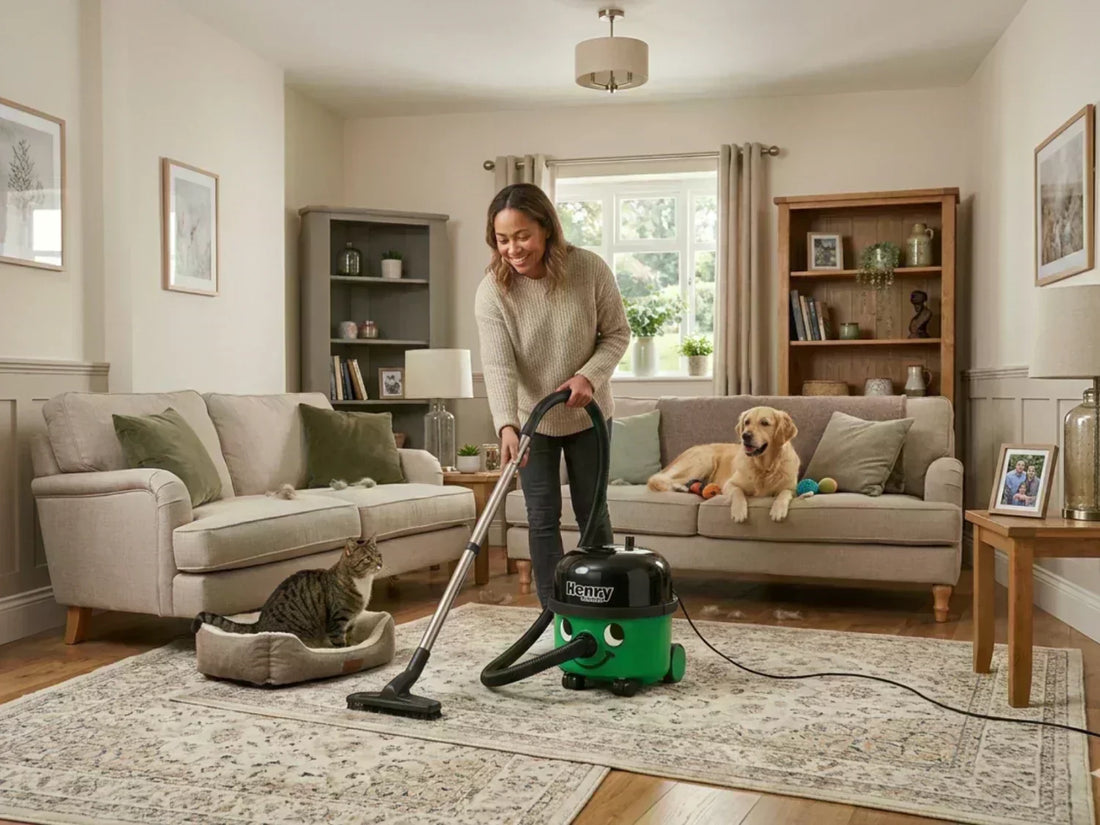A woman using Henry PetCare to vacuum a living room carpet next to a cat and a dog