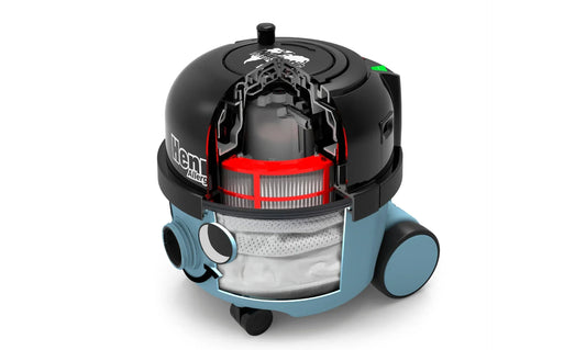  cutaway of Henry Allergy showing the inside components, including the bag, filter, and motor